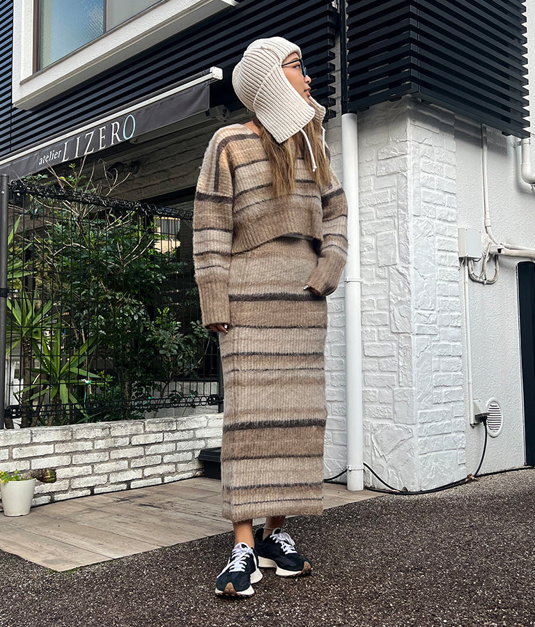 Vネック ボーダー 起毛 ニット トップス 853-5756