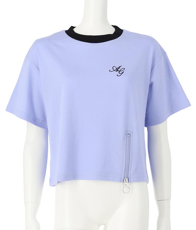 クロップド 前ジップ 刺繍 Tシャツ 913-7363