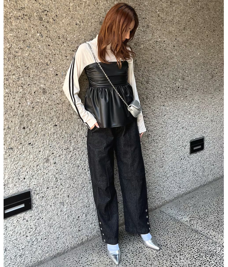 デニム ニー ジップ ワイド パンツ 30-2097