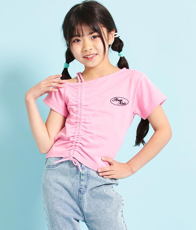 アシンメトリー オフショルダー シャーリング Tシャツ 423-3254
