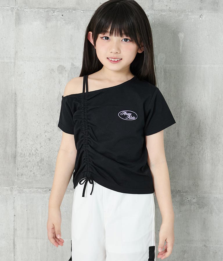 アシンメトリー オフショルダー シャーリング Tシャツ 423-3254
