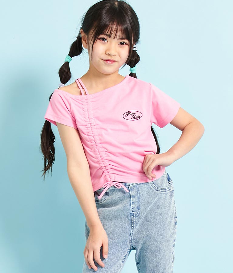 アシンメトリー オフショルダー シャーリング Tシャツ 423-3254