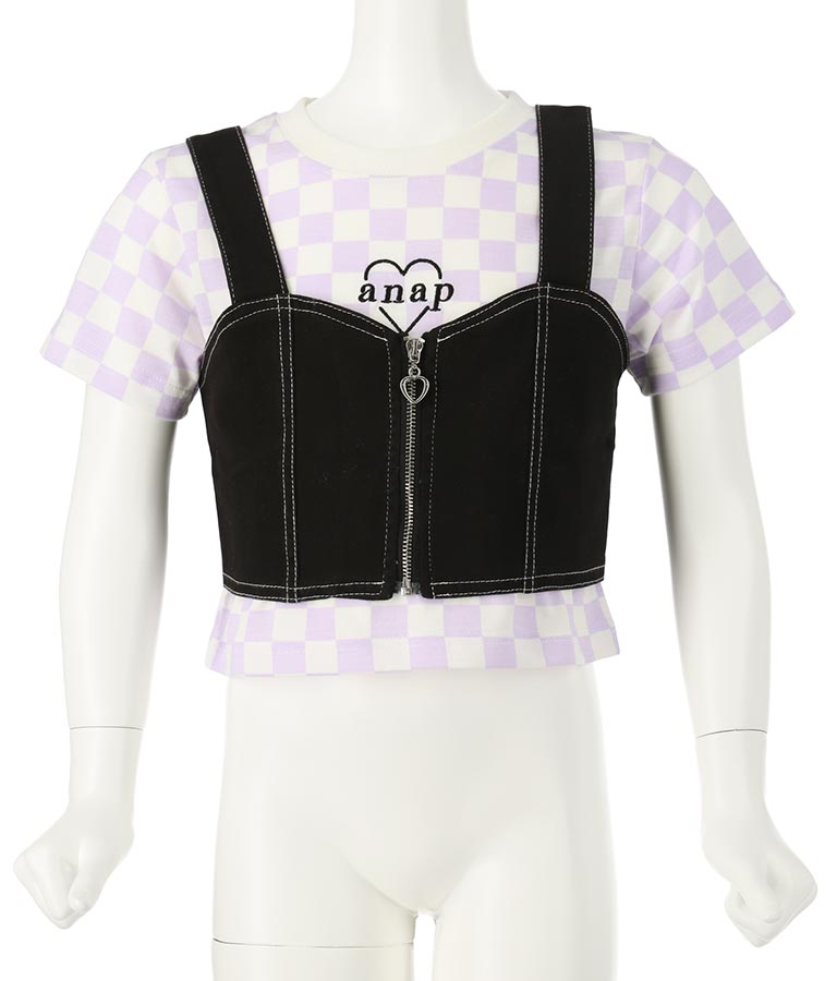 チェッカー柄 Tシャツ + デニム ビスチェ セット 428-3242