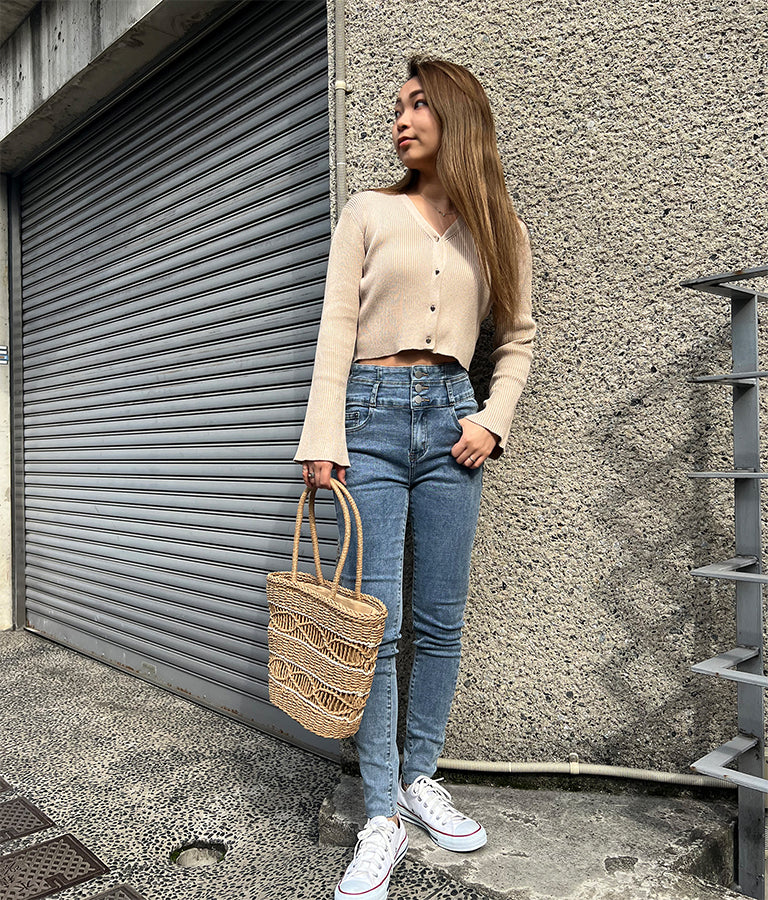 ハートボタン 袖フレア スリット ショート丈 カーディガン 854-5801