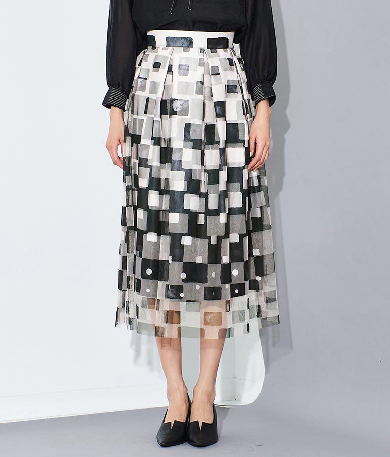 ジオメトリック 柄 チュール カバード フレア スカート 391-2903