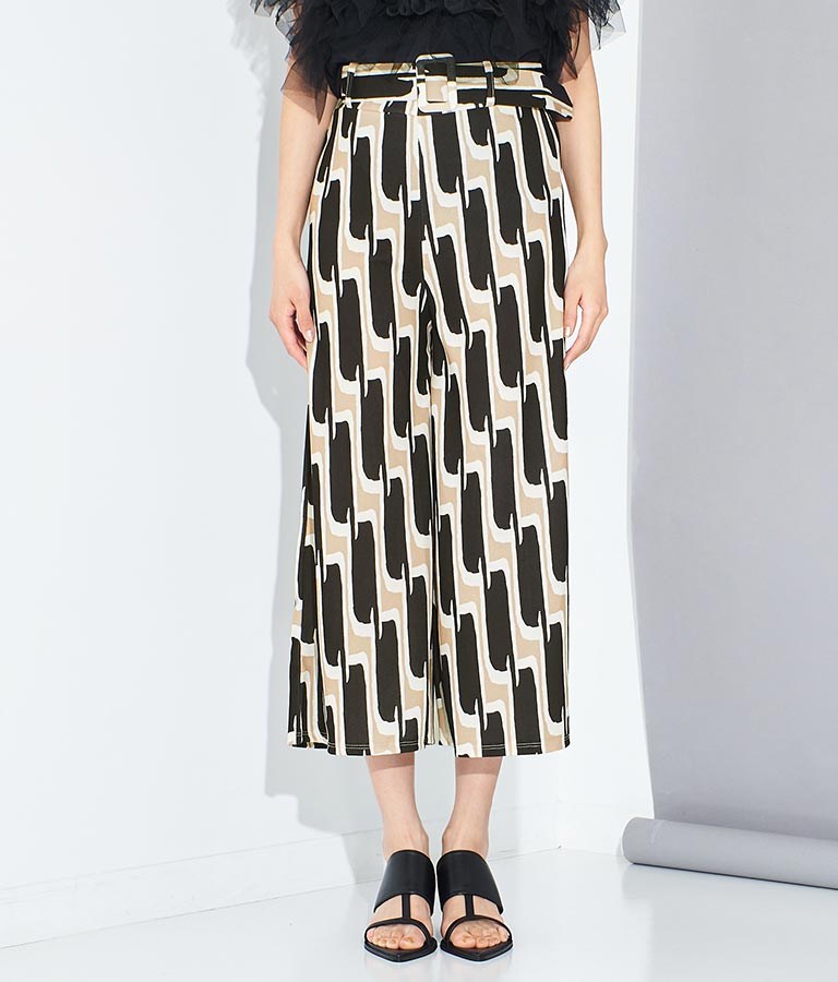 ITALY ジオメトリック 柄 共布 ベルト付 クロップド パンツ 392-2900