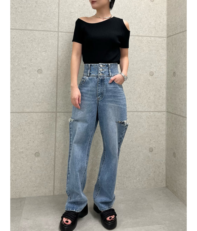 ワンショルダー カットアウト リブ ニット トップス 153-5578