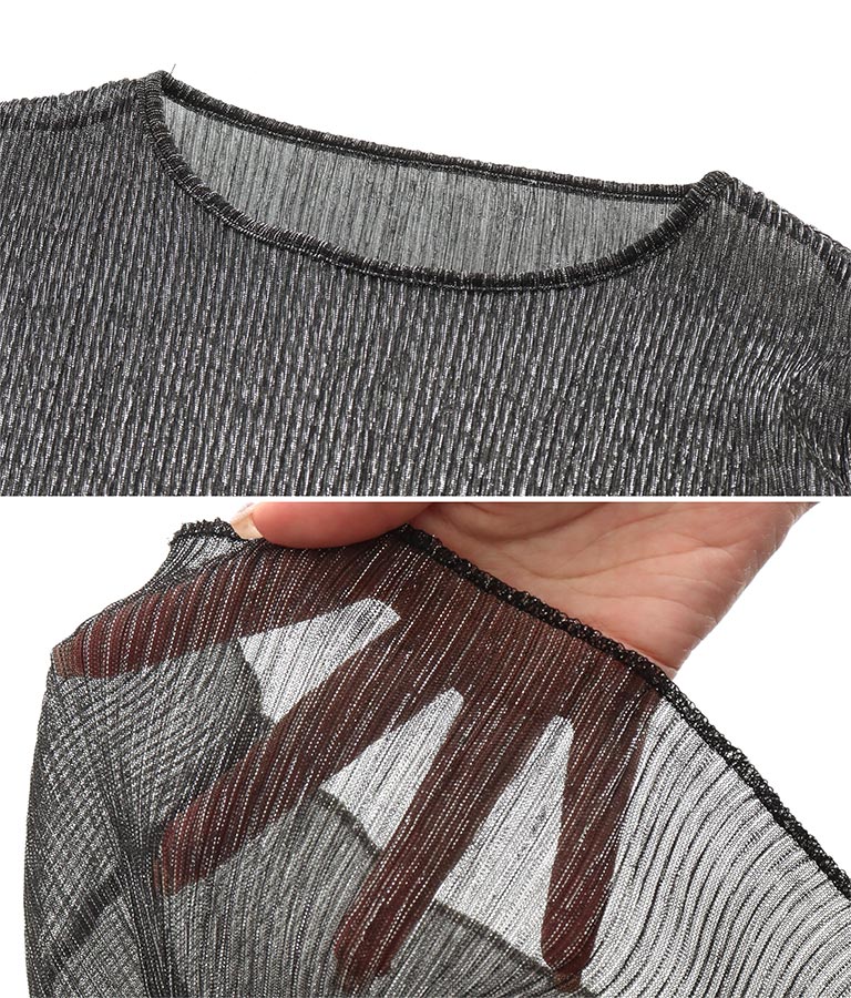 ラメ プリーツ シアー クルーネック Tシャツ プルオーバー 363-9466