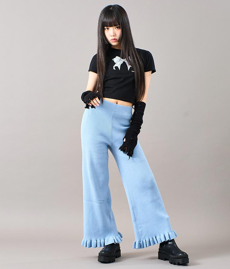 裾 フリル ニット ワイド パンツ 912-7329