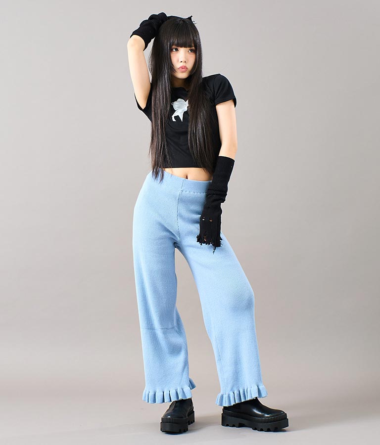 裾 フリル ニット ワイド パンツ 912-7329