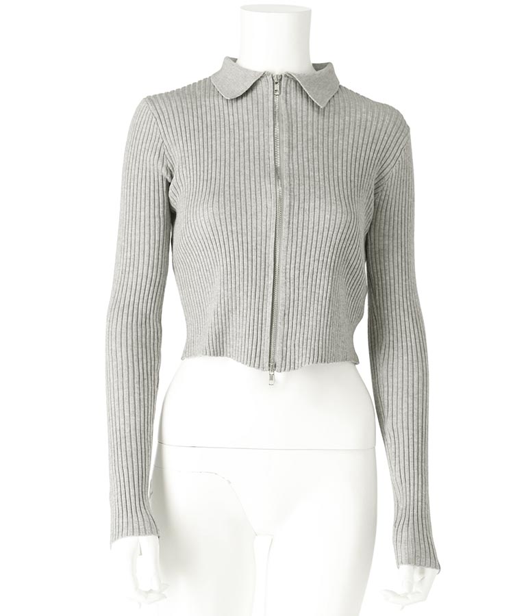 ダブルジップ 襟付き リブ ニット トップス