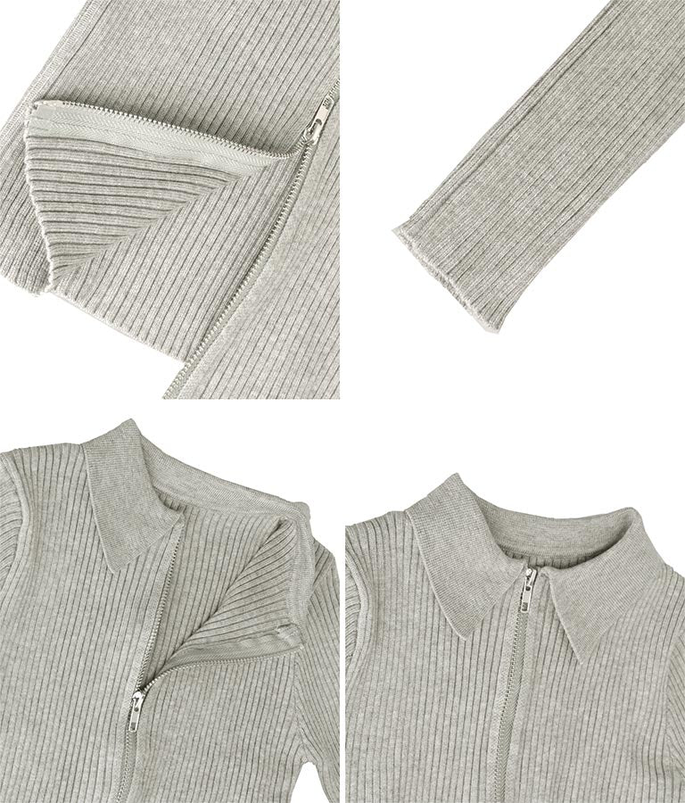 ダブルジップ 襟付き リブ ニット トップス 153-5587