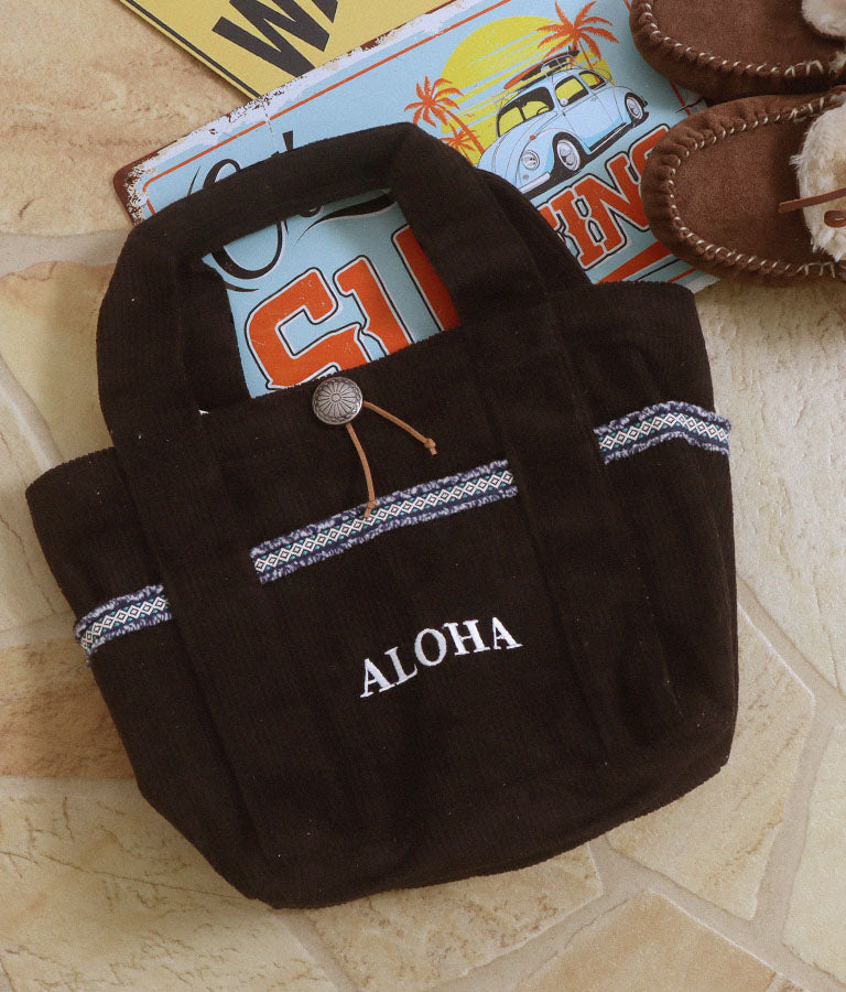 ALOHA刺繍 コンチョ付き コーデュロイ ミニ トート バッグ 859-5921