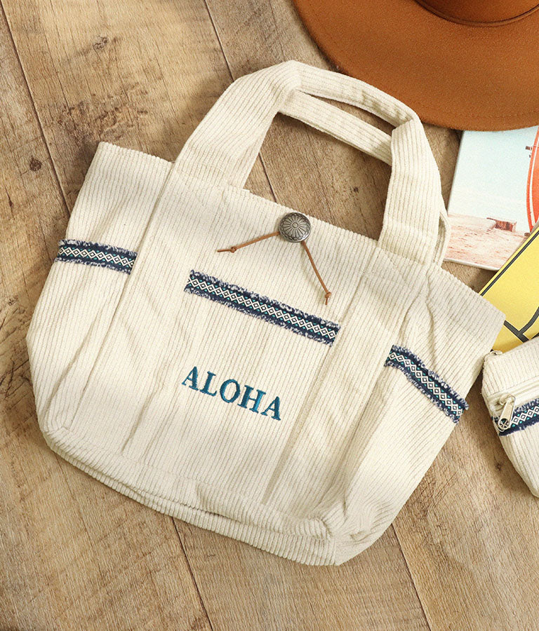 ALOHA刺繍 コンチョ付き コーデュロイ ミニ トート バッグ 859-5921