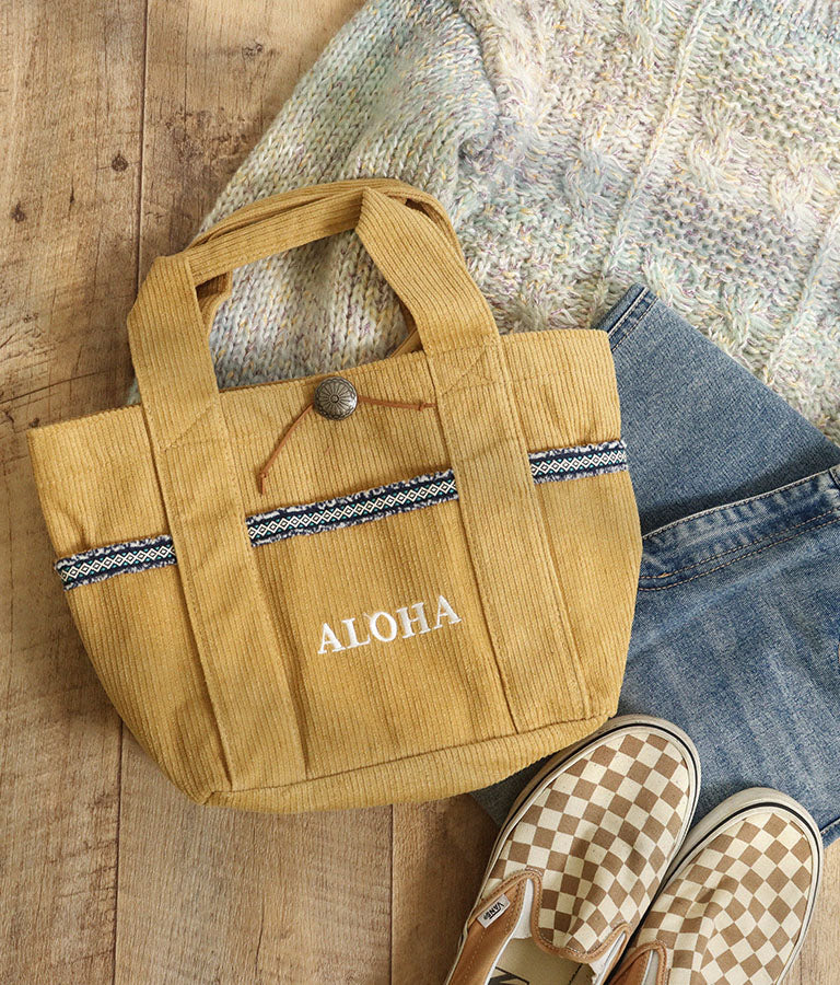 ALOHA刺繍 コンチョ付き コーデュロイ ミニ トート バッグ 859-5921