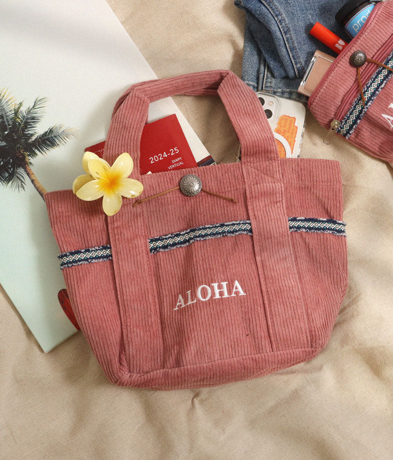 ALOHA刺繍 コンチョ付き コーデュロイ ミニ トート バッグ 859-5921