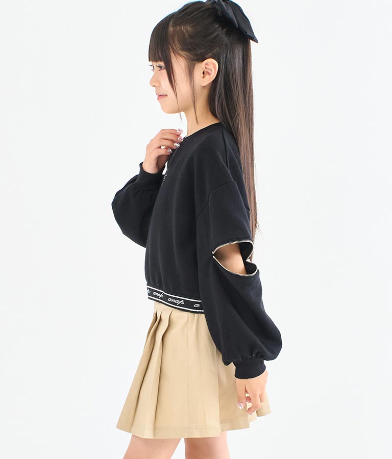袖 ジップ デザイン ウエスト ロゴ ゴム クロップド丈 裏毛 長袖 スウェット トレーナー 423-3331