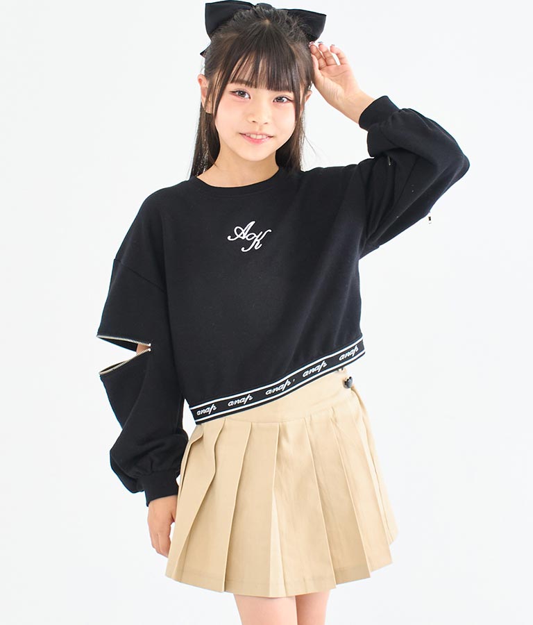袖 ジップ デザイン ウエスト ロゴ ゴム クロップド丈 裏毛 長袖 スウェット トレーナー 423-3331