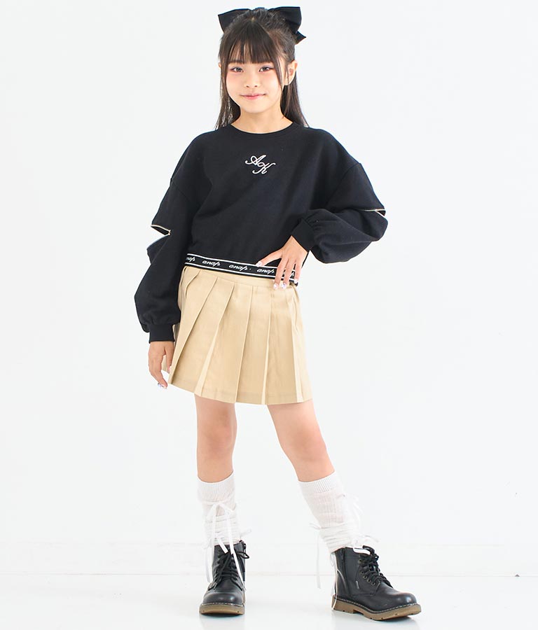袖 ジップ デザイン ウエスト ロゴ ゴム クロップド丈 裏毛 長袖 スウェット トレーナー 423-3331