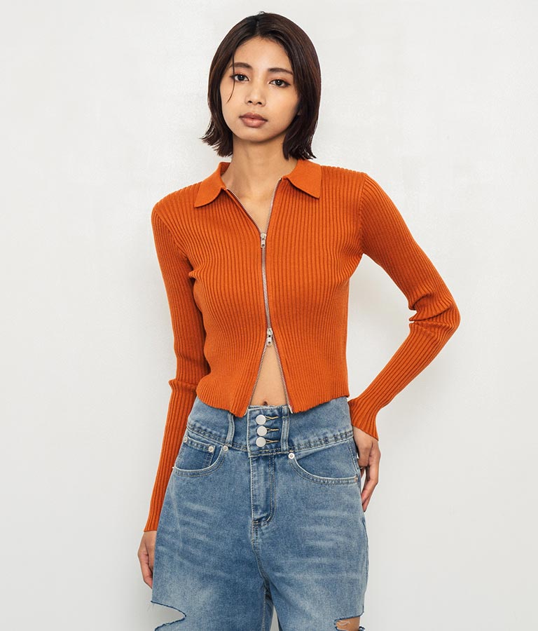 ダブルジップ 襟付き リブ ニット トップス 153-5587