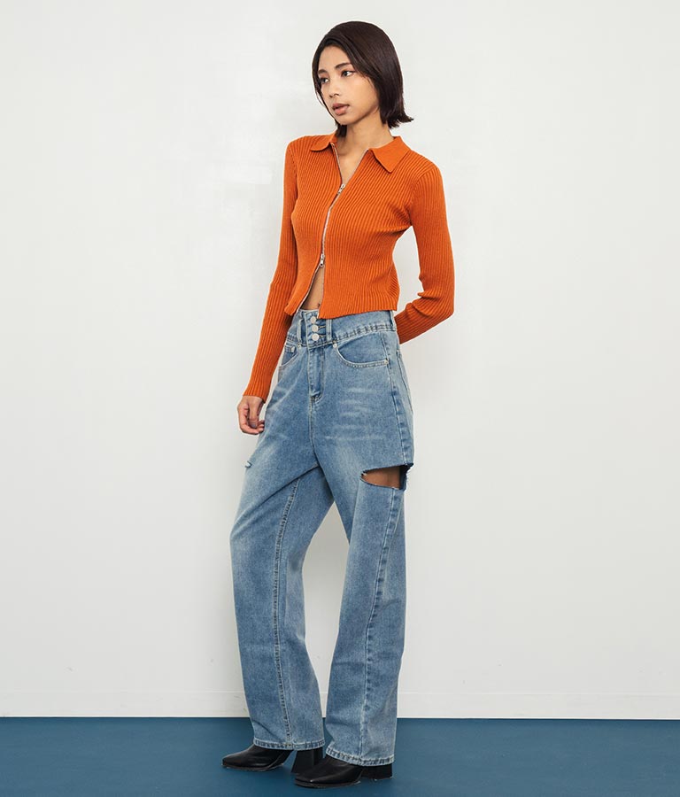 ダブルジップ 襟付き リブ ニット トップス 153-5587