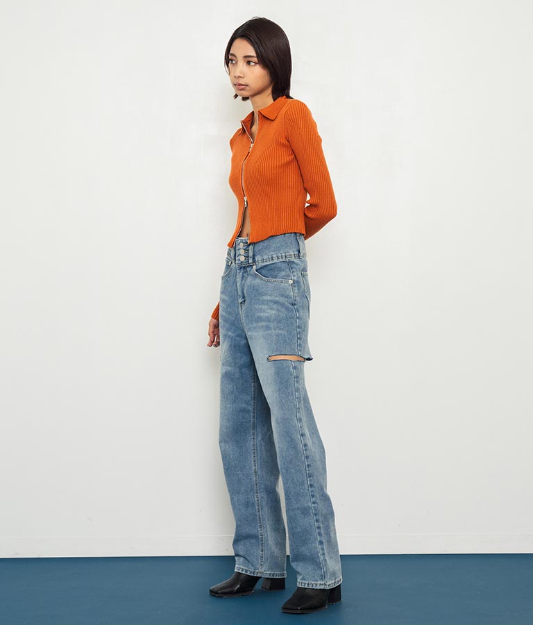 ダブルジップ 襟付き リブ ニット トップス 153-5587