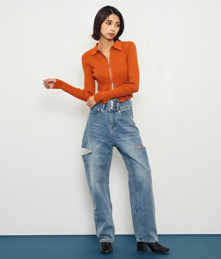 ダブルジップ 襟付き リブ ニット トップス 153-5587