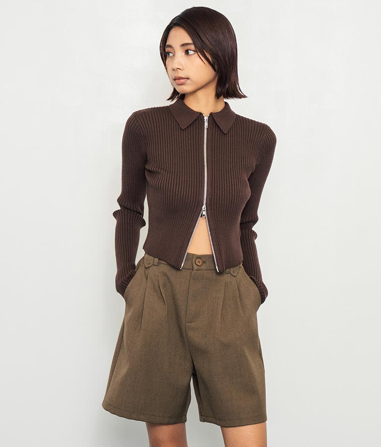 ダブルジップ 襟付き リブ ニット トップス 153-5587