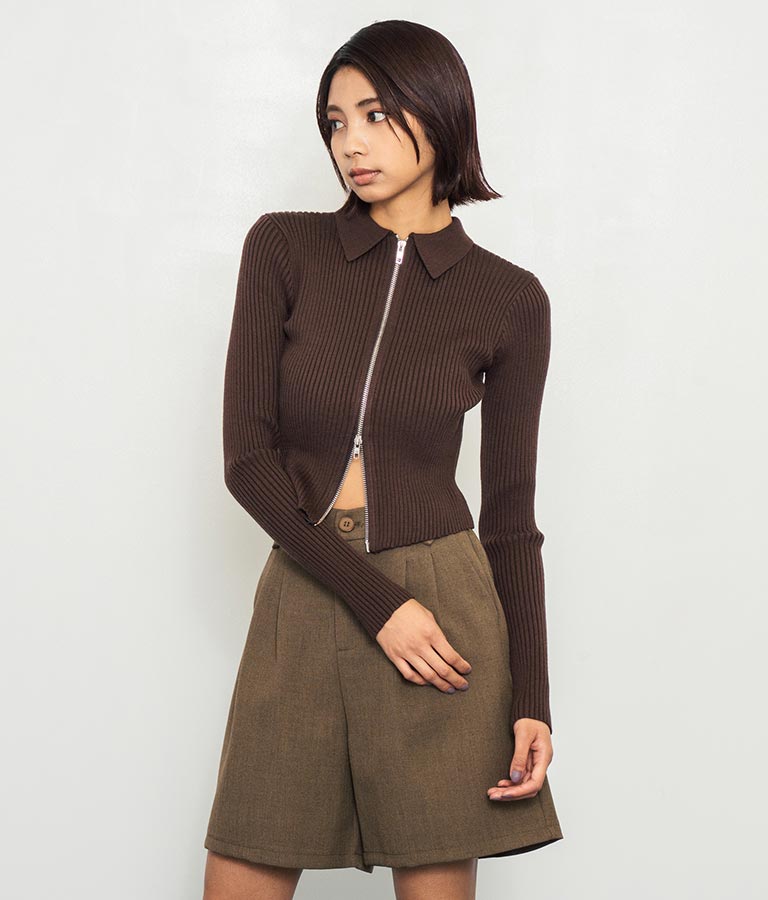 ダブルジップ 襟付き リブ ニット トップス 153-5587