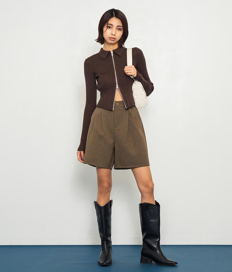 ダブルジップ 襟付き リブ ニット トップス 153-5587