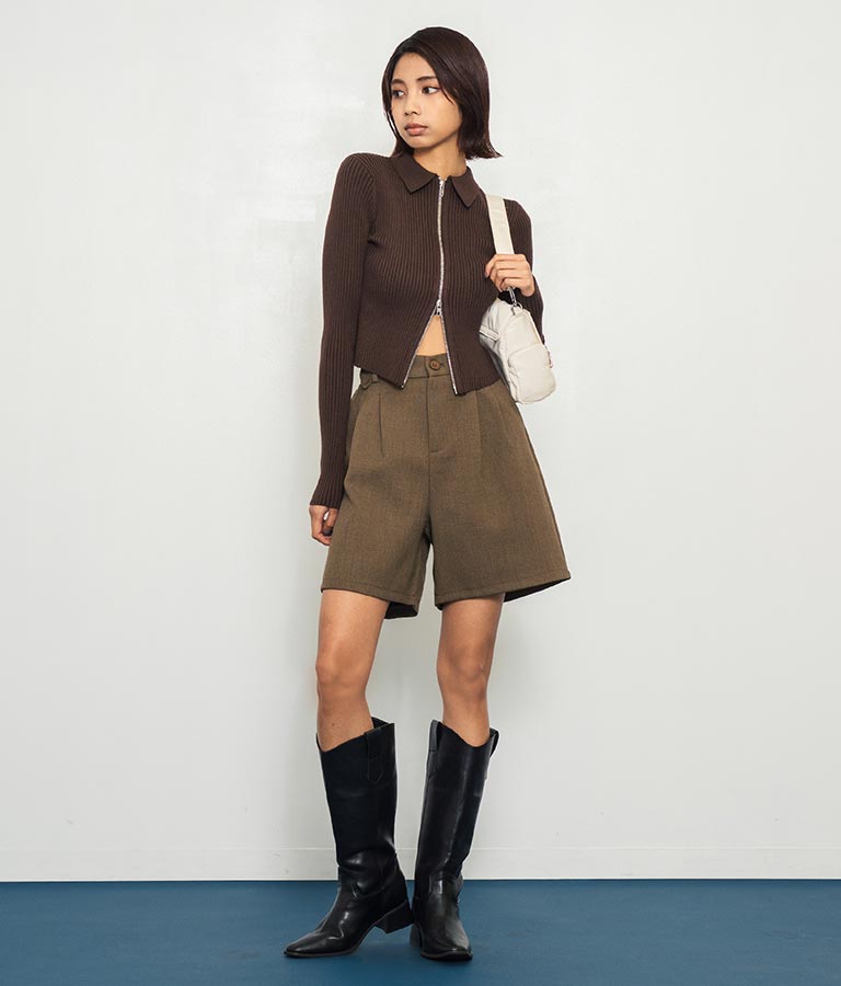 ダブルジップ 襟付き リブ ニット トップス 153-5587