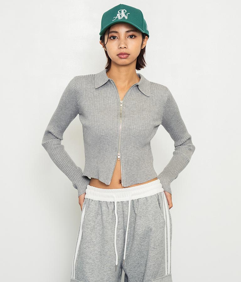 ダブルジップ 襟付き リブ ニット トップス 153-5587