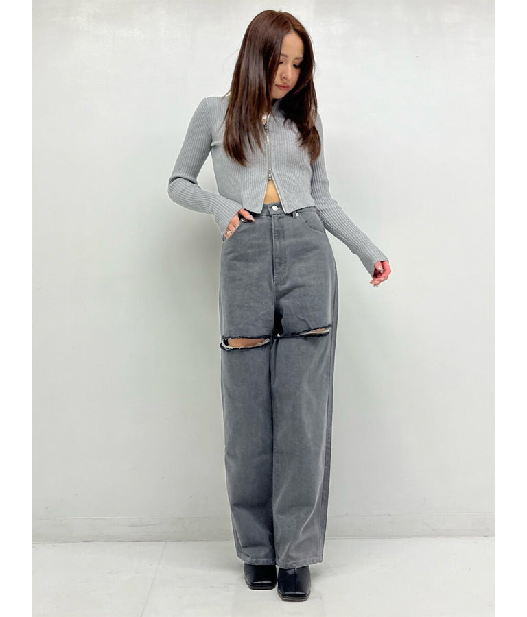 ダブルジップ 襟付き リブ ニット トップス 153-5587