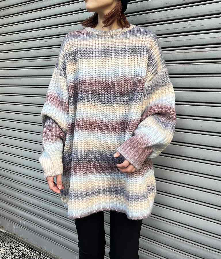 タイダイ ボーダー クルーネック ボリュームスリーブ ニット 853-5755
