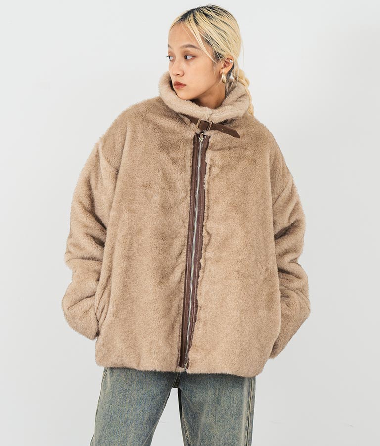 ベルト付き スタンドカラー フェイク ファー コート 795-9209