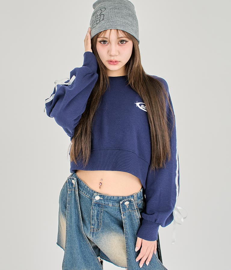 【ティーンズライン】袖 ライン リボン オーバー スウェット トップス (M、Lサイズ展開) 913-7593