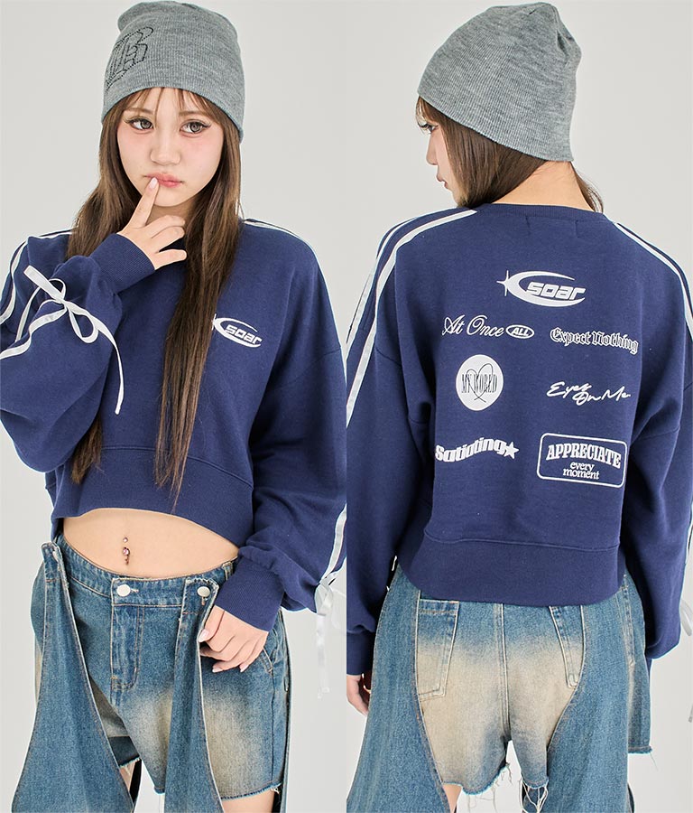 【ティーンズライン】袖 ライン リボン オーバー スウェット トップス (M、Lサイズ展開) 913-7593