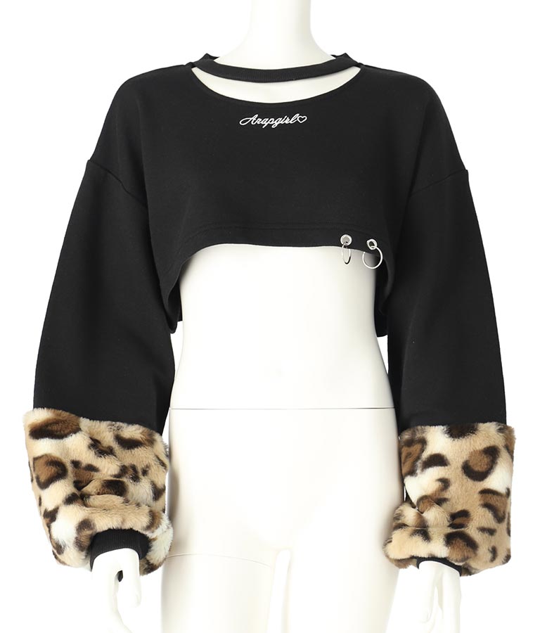 袖 レオパード ファー ショート丈 スウェット トップス 913-7579