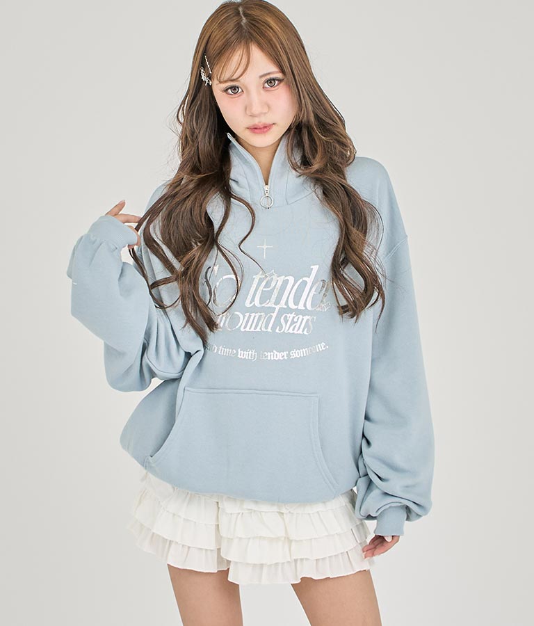 【ティーンズライン】箔 プリント ハーフジップ スウェット フーディー 913-7602