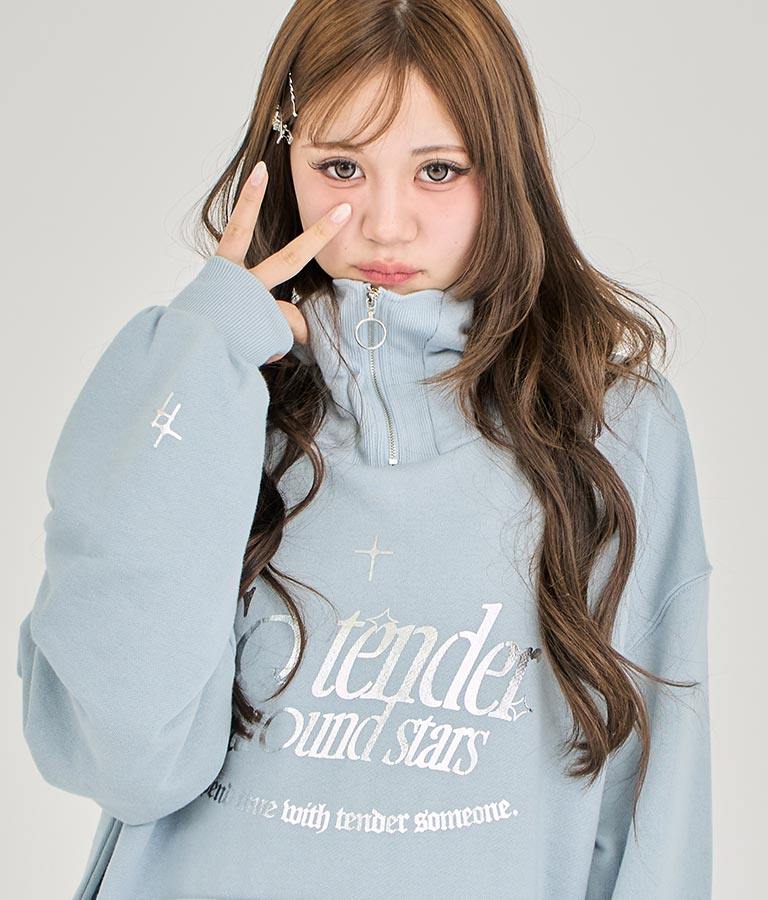 【ティーンズライン】箔 プリント ハーフジップ スウェット フーディー 913-7602