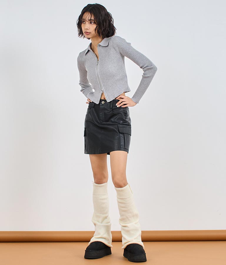 ダブルジップ 襟付き リブ ニット トップス 153-5587