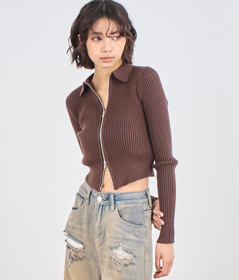 ダブルジップ 襟付き リブ ニット トップス 153-5587