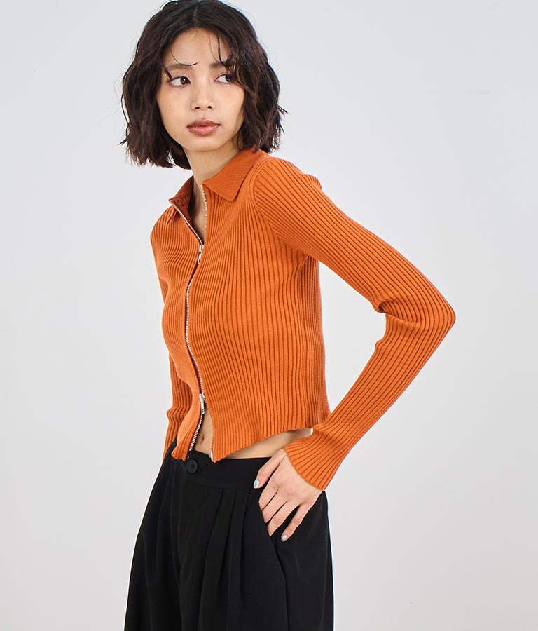 ダブルジップ 襟付き リブ ニット トップス 153-5587