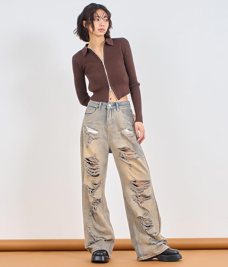 ダブルジップ 襟付き リブ ニット トップス 153-5587