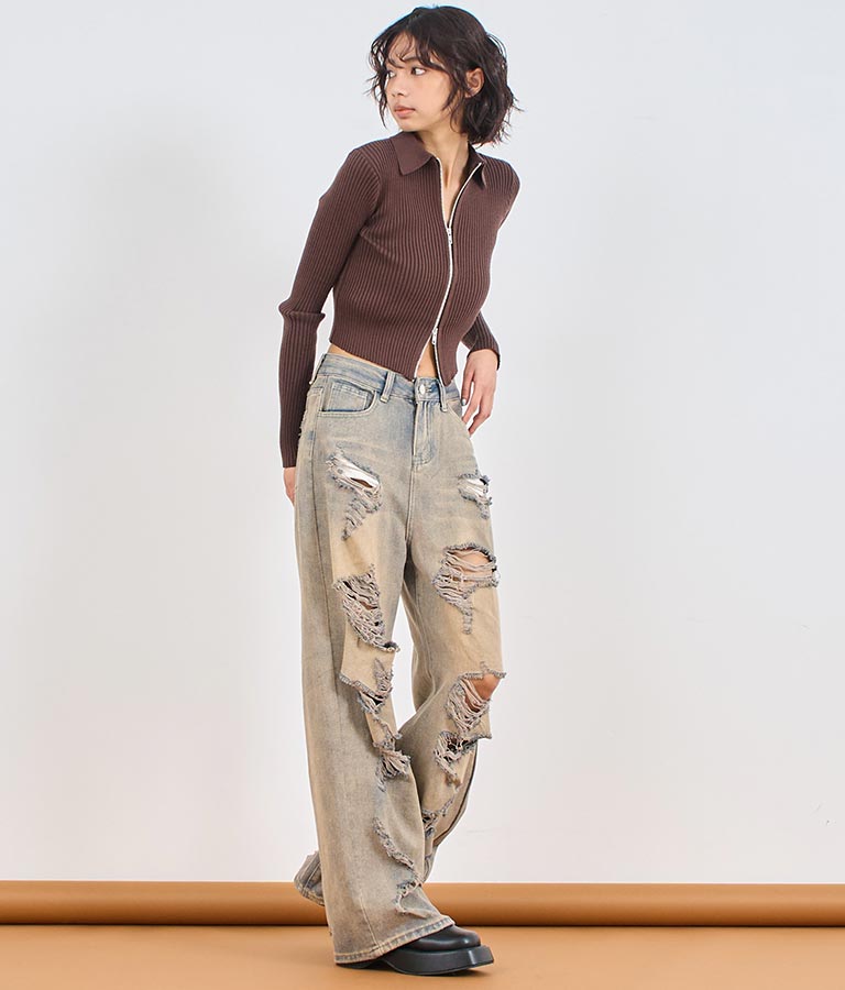 ダブルジップ 襟付き リブ ニット トップス 153-5587