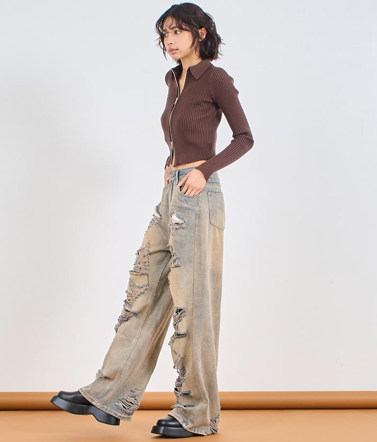 ダブルジップ 襟付き リブ ニット トップス 153-5587