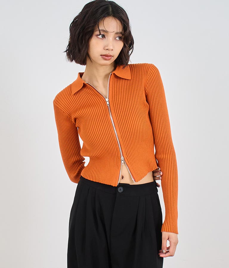 ダブルジップ 襟付き リブ ニット トップス 153-5587