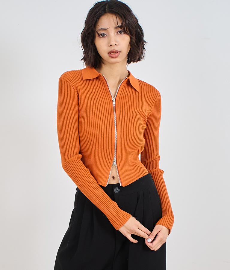 ダブルジップ 襟付き リブ ニット トップス 153-5587