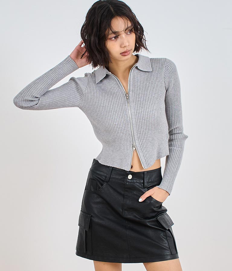 ダブルジップ 襟付き リブ ニット トップス 153-5587