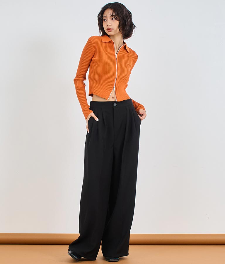 ダブルジップ 襟付き リブ ニット トップス 153-5587